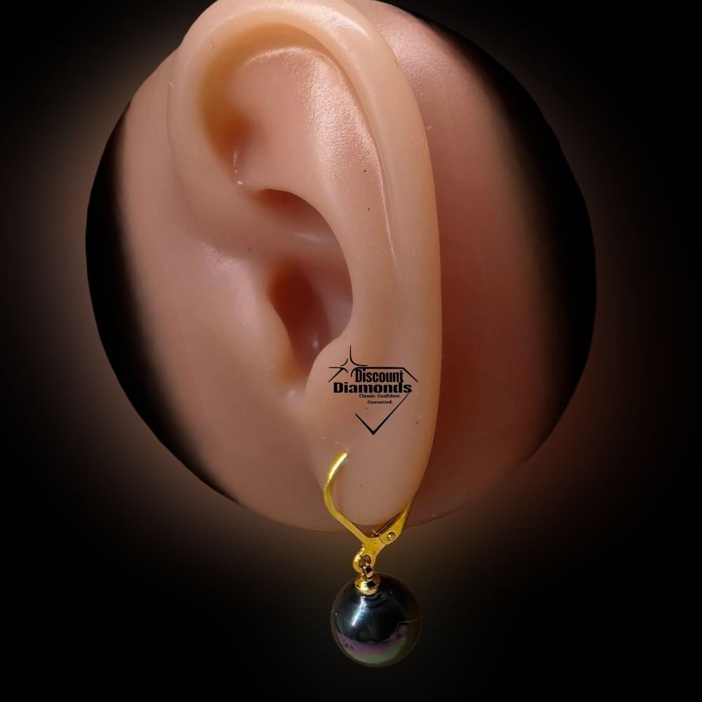 10mm Black South Sea Shell Pearl Leverback Earrings 14K Gold on 925 Silver - Picture 6 of 7
